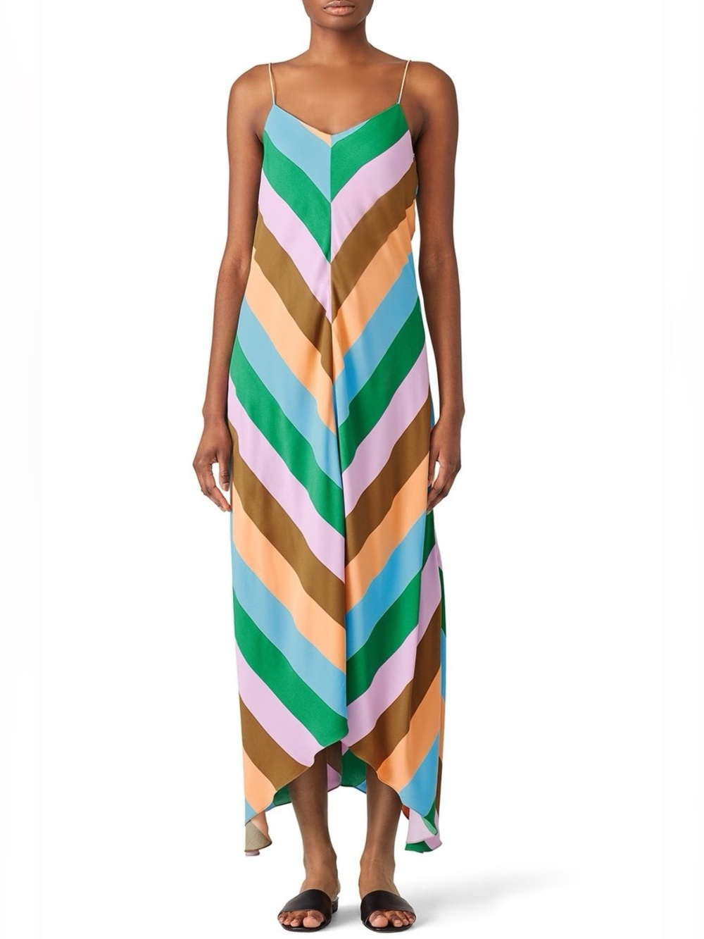 Tibi Striped V-Neck Spaghetti Strap Maxi Dress in Multicolor